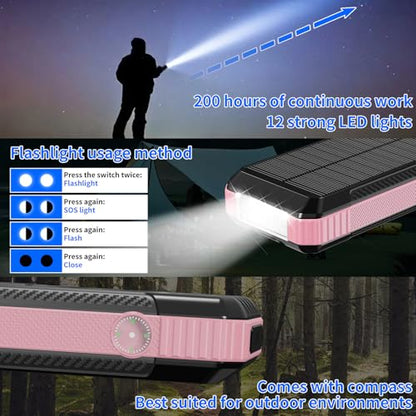 Solar Power Bank 49800mAh, Portable Charger with Built-in 4 Cables, 22.5W Fast Charging Solar Panel Charger for Traveling, Camping and Emergency(Pink) - color: Pink