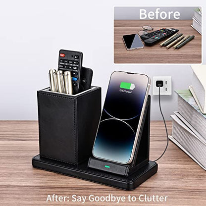 Wireless Charger with Desk Organizer, Wireless Charging Station for iPhone 13/13 Pro Max/13 Pro/12 Series/11/XS Max/XR/X/8Plus/SE 2, Wireless Charging Stand with Leather… (Black) - color: Black