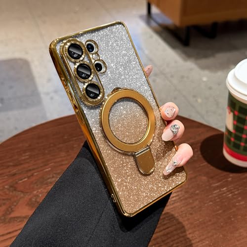LXK Magnetic for Samsung Galaxy S26 Ultra Case with Stand, Compatible with MagSafe, with Camera Protector, Clear Luxury Glitter Bling Drop Protection iPhone Case for Galaxy S26 Ultra, Gold - color: Gold Glitter