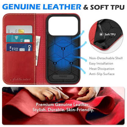 SHIELDON Genuine Leather Case Wallet for iPhone 17 Pro 6.3" 2025, Retro Red | Flip Magnetic Cover, RFID Blocking, Credit Card Holder, Kickstand, Book Design, Full Protection, Shockproof Phone Shell - color: Retro Red