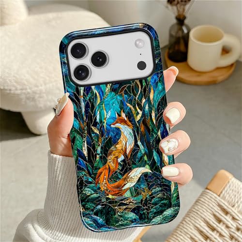 Case Compatible with iPhone 17 Pro Max, Cute Dual Layer Hybrid Phone Cover, Military Grade Drop Protection, Aesthetic Shockproof Phone Case for Women Girls, Woodland Fox Stained Glass - color: Woodland Fox Stained Glass, size: Iphone 17 Pro Max