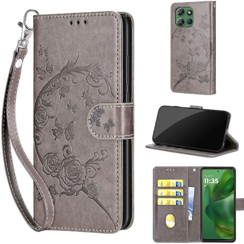 Wallet Case for Motorola Moto G Power 2025/2026, Gray Flower | Women Flip Folio Cover, Embossed PU Leather, Stand, Credit Card Holders Slots, Wrist Strap - color: 6