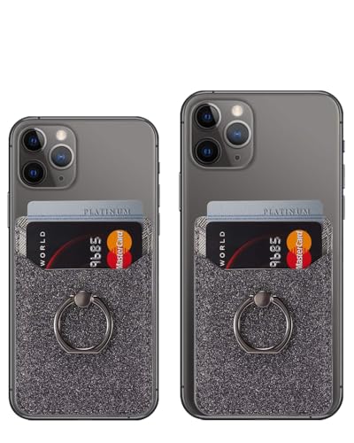2Pcs RFID Phone Wallet Stick on Back of Phone Card Holder with Ring | 2 Black Glitter Sticky Phone Wallet for Credit Card/IDs/Pocket, Adhesive Phone Card Holder for iPhone, Videos - color: Black Glittering