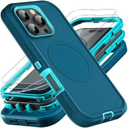 YKHJKLEC for iPhone 16 Pro Case, Compatible with Magsafe, Military Grade 3 in 1 Heavy Duty Shockproof/Drop Proof/Dust Proof Case with 2Pcs Tempered Glass Screen Protector (New-Blue/Turquoise) - color: New-Blue/Turquoise