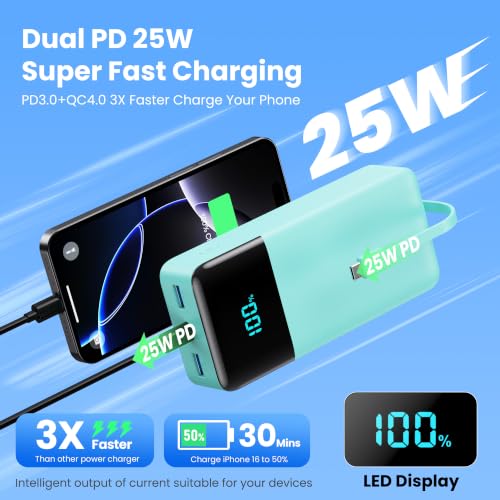 Portable Charger 50800mAh Power Bank with 3 Built in Cables,25W PD QC4.0 Fast Charging USB C Battery Pack,6 Outputs 2 Inputs Travel Essentials Phone Charger for iPhone 18/17/16/15/Pro,Android,Green - color: Green