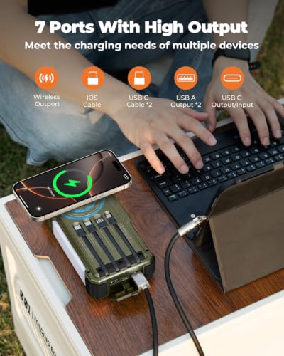 BLAVOR Solar Power Bank with Hand Crank and Built-in 4 Cables 20000mAh - color: Green