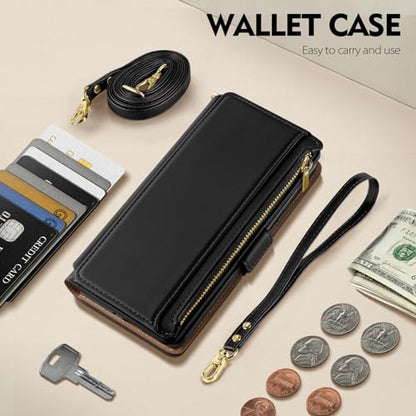 Antsturdy Crossbody Phone Wallet Case for iPhone 14 Plus,Black | RFID Blocking,PU Leather Flip Cover,Kickstand,with Credit Card Holder,Wrist Strap Lanyard & Handbag Purse,for Women & Men - color: (Crossbody) - Black