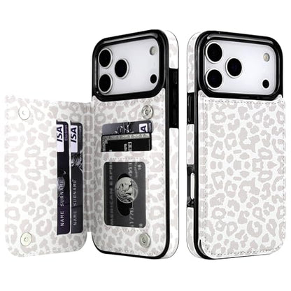 HAOPINSH Wallet Case with Card Holder for iPhone 17 Pro Max, White Leopard Cheetah Pattern Back Flip Folio PU Leather Kickstand Card Slots Case for Women Girls Shockproof 6.9" - color: White Leopard