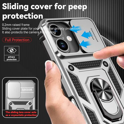 for iPhone 17 Case, with Slide Camera Cover HD Screen Protector [Military Grade 16ft. Drop Tested] Ring Holder Kickstand Protective Phone Case for Apple iPhone 17, Silver - color: Silver w/ Slide Camera 2nd gen. Military Grade