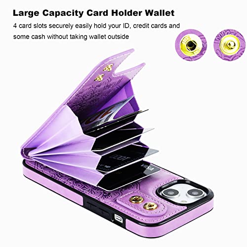 HAOPINSH for iPhone 13/ iPhone 14 Wallet Case with Card Holder, 360°Rotation Ring Kickstand, Purple Mandala Pattern, RFID Blocking Leather for Girls Women, Double Buttons Flip Cover 6.1" - color: Purple Mandala