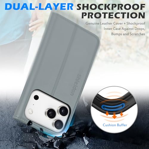 SHIELDON Genuine Leather Magnetic Case Wallet for iPhone 17 Pro 6.3", Gray | Flip, Magnetic Closure, RFID Blocking 3 Card Holder, Kickstand, Full Protection, Shock Absorbing Protective Cover - color: Gray