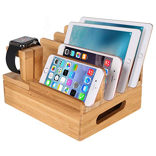 Bamboo Wood Multi-Device Desktop Charging Dock Station Charger Holder Cradle Charge Stand Compatible iPhone 16 15 14 13 Pro Max iPad Mini Pro Air Apple Watch Ulrta 10 9 8 7 6 5 4 3 2 iWatch Smartphone - color: Medium