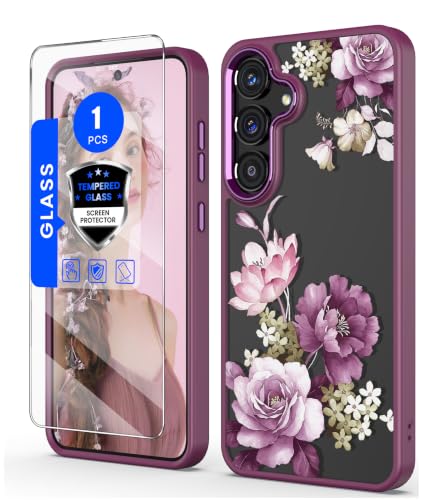 Crystal Clear Flower Pattern Case for Samsung Galaxy S26 FE-Purple | Girl Women Slim Soft TPU + Hard PC Military Grade Protective Phone Cover WithTempered Glass Screen Protector for S26 FE - color: S26 FE-Purple
