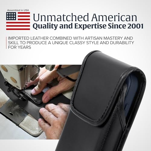 Turtleback Belt Holder for iPhone 16 Pro, 16e, 15 pro 14 Pro 13 Pro -Large- Fits w/Defender Bulky Style Cases, Premium Black Leather Vertical Holster, Magnetic Closure Leather Wrapped Belt Clip - color: Vertical - Leather w/ Leather Clip, size: Large