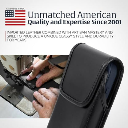 Turtleback Belt Holder for iPhone 16 Pro, 16e, 15 pro 14 Pro 13 Pro -Large- Fits w/Defender Bulky Style Cases, Premium Black Leather Vertical Holster, Magnetic Closure Leather Wrapped Belt Clip - color: Vertical - Leather w/ Leather Clip, size: Large