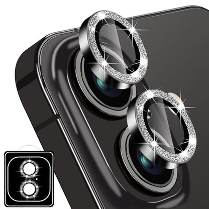 Designed for iPhone 16 and 16 Plus Camera Lens Protector, Bling Glitter Diamond Lens Cover 9H Tempered Glass Camera Cover Anti Scratch Shockproof Screen Protector - color: Black Glitter