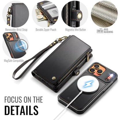 Defencase for iPhone 17 Pro Max Case Wallet Compatible with Magsafe, Black | Drop-Proof Magnetic Detachable Phone Cases Cover, with RFID Bolcking Card Holder, Zipper Strap, PU Leather, Removable Wallet - color: (Detachable with Magsafe)-Black