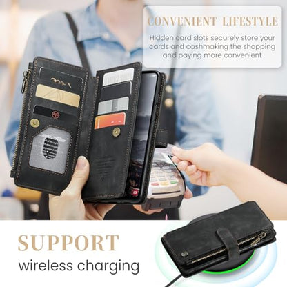 Samsung Galaxy S24+ Plus 5G Wallet Case with Card Holder Kickstand Magnetic Zipper Pocket Lanyard Strap Wristlet,Leather Flip Case Wallet for Samsung Galaxy S24+ Plus 5G 6.7 Inch(Black) - color: Black, size: S24+ Plus 6.7 Inch