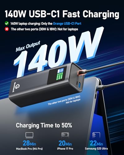 27000mAh Power Bank, 140W Laptop Portable Charger with PD 3.1 Fast Charging, Smart Sisplay, 99Wh Battery Bank for MacBook Pro/Air, iPad Pro, iPhone17/16 Series, Samsung and More(Dark Gray) - color: Drak gray-2.7w
