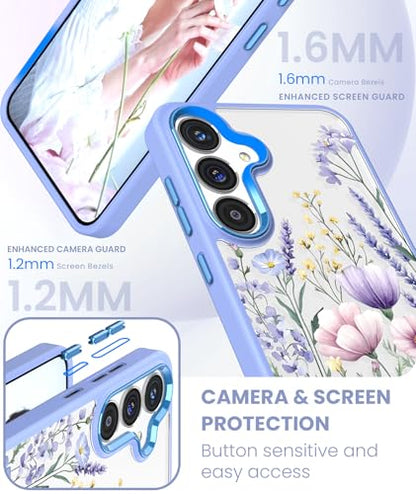 Clear Flower Pattern Case for Samsung Galaxy S26 FE-Light Purple | Girl Women Slim Soft TPU + Hard PC Military Grade Protective Phone Cover WithTempered Glass Screen Protector for S26 FE - color: S26 FE-Light Purple