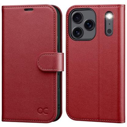 OCASE Compatible with iPhone 17 Pro Wallet Case, PU Leather Flip Folio Case with Card Holders RFID Blocking Kickstand [Shockproof TPU Inner Shell] Phone Cover 6.3 Inch 2025, Dark Red - color: Dark Red
