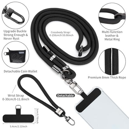 HOTEMIA Phone Lanyard and Wrist Straps, Adjustable Cell Phone Lanyard Crossbody with Detachable Wallet, 8mm Thick iPhone Lanyard for Around the Neck (Black+Wallet) - color: Black+wallet