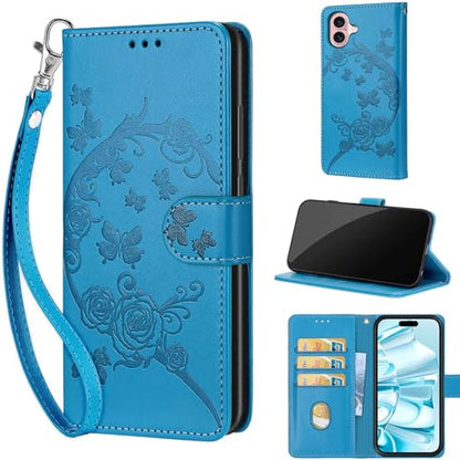 Wallet Case for iPhone 16, Blue Flower | Women Flip Folio Cover, Embossed PU Leather, Stand, Credit Card Holders Slots, Wrist Strap - color: 5