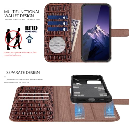 Leather Case Compatible with iPhone 17 Pro Wallet 6.3" | Genuine Leather 2-in-1 Magnetic Detachable Shockproof,Flip Folio Cover with Card Slot, RFID Blocking,Brownness - color: Brownness, size: 6.3”-17 Pro