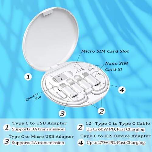 Multi USB Charging Adapter Cable Kit, USB C to iOS Device for Travel, Conversion Set USB A & USB C to Male Micro /USB C/iOS Adapter, Data Transfer, Card Storage, Tray Eject Pin, Phone Holder (White) - color: White