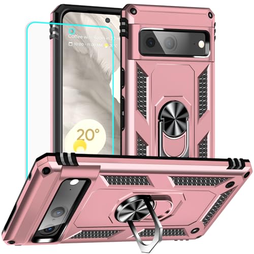 Yiakeng for Google Pixel 7 Case: with Screen Protector - Military Grade Protective Cases with Finger Ring Holder Kickstand for Pixel 7(Rose Gold) - color: Rose gold, size: Google Pixel 7 Case