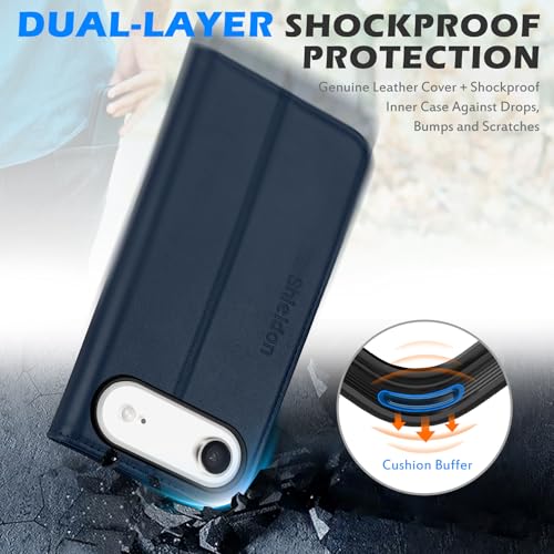 SHIELDON Genuine Leather Wallet Case for iPhone Air 6.5" 2025, Navy Blue | Magnetic Closure, RFID Blocking, Credit Card Holder, Kickstand, Folio Design, Shockproof Protective Cover - color: Navy Blue