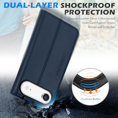 SHIELDON Genuine Leather Wallet Case for iPhone Air 6.5" 2025, Navy Blue | Magnetic Closure, RFID Blocking, Credit Card Holder, Kickstand, Folio Design, Shockproof Protective Cover - color: Navy Blue
