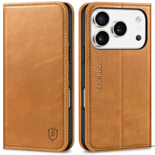 SHIELDON Real Leather Wallet Case for iPhone 17 Pro 6.3", Retro Light Brown | Magnetic Closure, RFID Blocking, Credit Card Slot, Kickstand, Flip Book Design, Shockproof Phone Cover - color: Retro Light Brown