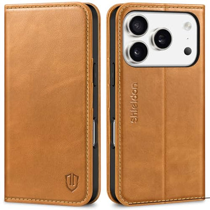 SHIELDON Real Leather Wallet Case for iPhone 17 Pro 6.3", Retro Light Brown | Magnetic Closure, RFID Blocking, Credit Card Slot, Kickstand, Flip Book Design, Shockproof Phone Cover - color: Retro Light Brown