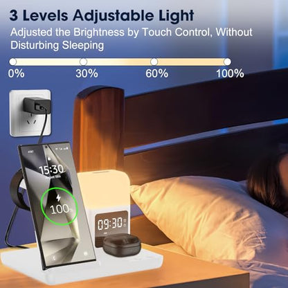 Wireless Charger for Samsung/Android, 6 in 1 Phone Nightstand Charging Station Charger with Alarm Clock/Night Light for Samsung S26/S25/S24 Ultra/Buds4,Watch Charger for Galaxy Watch 8/7/6/5 - color: Pearl
