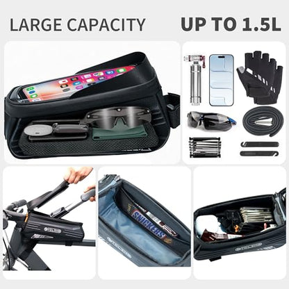 Bike Phone Bag with TPU Sensitive Touch, Waterproof Top Tube Bicycle Front Frame Bag, 1.9L Large Capacity EVA Hard Shell Mount Bike Phone Holder Bag Under 7", Handlebar Bag Bike Accessories