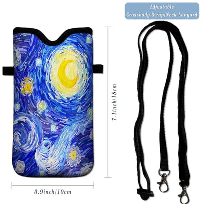 Universal Neoprene Cell Phone Pouch 7.1 X 4 in Mobile Protection Case Bag with Crossbody Strap/Neck Lanyard Starry Night Printed Pattern - color: Starry Night Printed Pattern