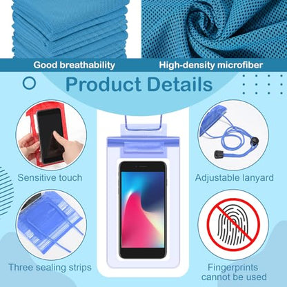BBTO 24 Pcs Cooling Towels Waterproof Cell Phone Pouch Set 12 40" x 12" Blue Ice Towel for Neck and Face 12 6.7" Underwater Cellphone Dry Bag with Lanyard for Running Yoga Snorkeling Swimming - color: Blue