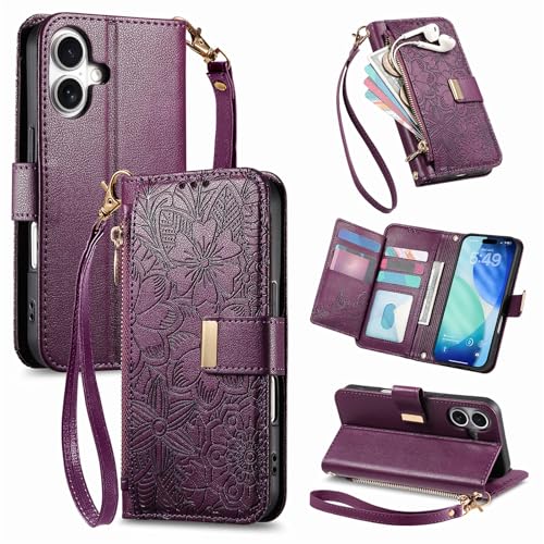 for iPhone 17 Phone Case Wallet, Purple | Built-in Card Holder (8-10 Cards), Zipper Pocket, Wrist Strap, Stand Kickstand, Flower PU Leather Protective Phone Case Women - color: Purple, size: iPhone 17