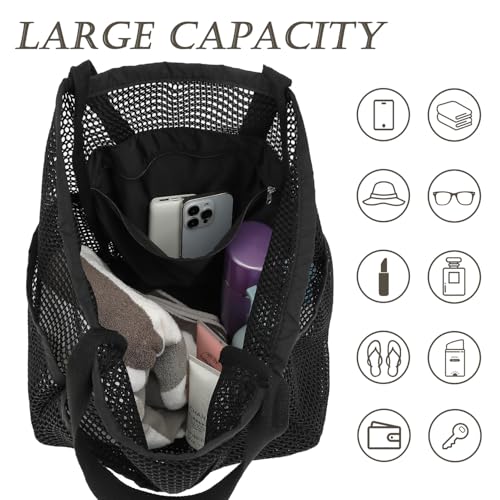 GYEUKHAM Mesh Beach Bag for Women, Sand-Resistant Pool Tote, 9 Pockets (1 Inner Zip), Foldable Family Travel Essentials - color: 6 Pockets-black