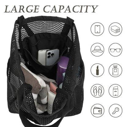 GYEUKHAM Mesh Beach Bag for Women, Sand-Resistant Pool Tote, 9 Pockets (1 Inner Zip), Foldable Family Travel Essentials - color: 6 Pockets-black