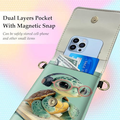Small Crossbody Bags for Women Touchscreen Cell Phone Bag Cross Body Purses with adjustable Strap,Gifts For Teenage Girls-Cute Turtle on Book
