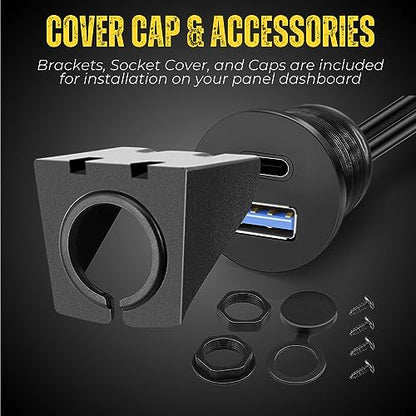 TNP Dual USB 3.0 Flush Panel Mount Extension Cable for Car Dash, 6 ft - size: 2 Ports USB-A + C (3 Feet)