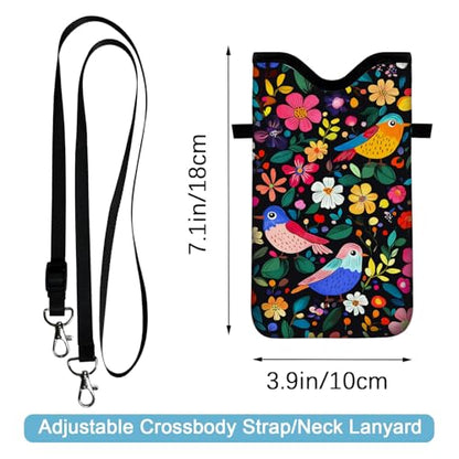 Neoprene Cell Phone Sleeve Pouch Case Bag with Crossbody Strap Neck Lanyard for Women 7.1 X 3.9 in Flower Bird Pattern - color: Flower Bird