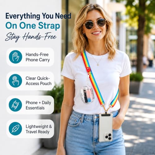 chushui Clip and Go Strap for Phone with Wallet Crossbody, Adjustable Anti-Theft Cell Phone Lanyard,Purse Strap with Zippered Pouch, for Women - color: Rainbow + Clear Pouch + Phone Shim
