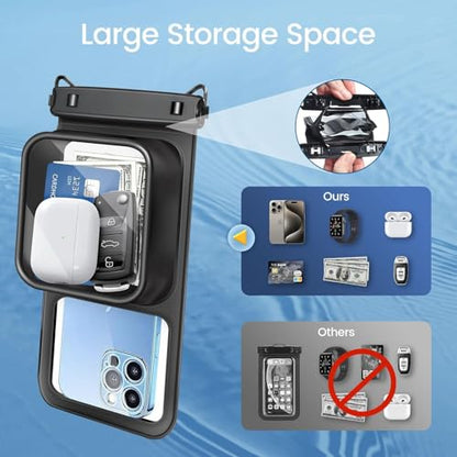 Waterproof Phone Pouch 2 Pack, Floating Dry Bag with Large Storage Pocket, IPX8 Waterproof Case Fits iPhone 16/15/14 Pro Max & Samsung, Touch Screen for Beach, Swimming, Kayaking & Cruise Black