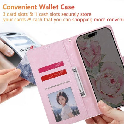 UEEBAI Wallet Case for iPhone 17 Pro Max, PU Leather Phone Cover Kickstand RFID Blocking Flip Case Card Slots Wrist Strap Relief Engraved Pattern Magnetic Closure Flower Folio Wallet, White Rose - color: White Rose, size: iPhone 17 Pro Max