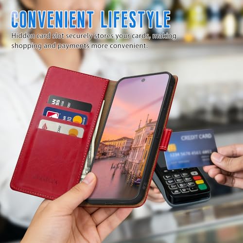 Wallet Case for Samsung Galaxy S25 5G, Red | RFID-Blocking Card Holder, Kickstand, Magnetic Closure, PU Leather Folio Flip Cover, Protective Women Men Cases - color: Red, size: Samsung Galaxy S25