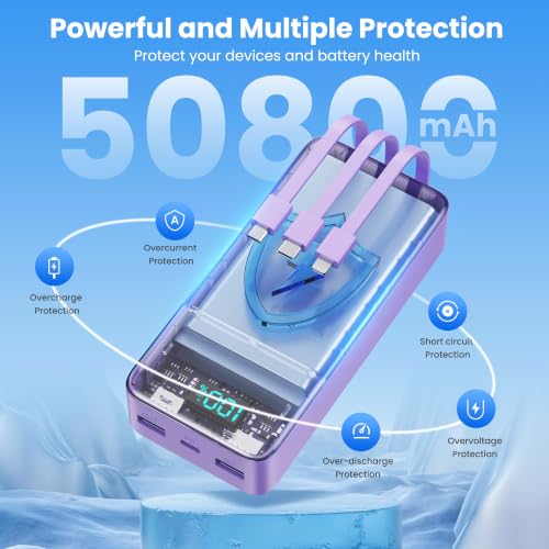 Portable Charger 50800mAh Power Bank with 3 Built in Cables,25W PD QC4.0 Fast Charging USB C Battery Pack,6 Outputs 2 Inputs Travel Essentials Phone Charger for iPhone 18/17/16/15/Pro,Android,Purple - color: Purple