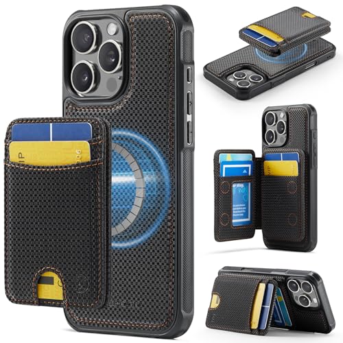 WJX for iPhone 16 Pro MagSafe Wallet Case, 2-in-1 Detachable Luxury Card Holder, Universal MagSafe Compatible, RFID Blocking, Shockproof Kickstand Slim Cover， Carbon Fiber - color: Carbon Fiber, size: iPone 16 Pro